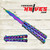 Hero – Rainbow 440 Steel Kriss Spear Point Balisong Butterfly Trainer shown open with unsharpened blade and closed side by side, rainbow stainless steel skeletonized handles visible