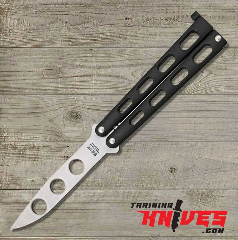 Bear & Son High Carbon Black Epoxy Butterfly Trainer shown open with black epoxy coated trainer blade and metal handles with cutouts
