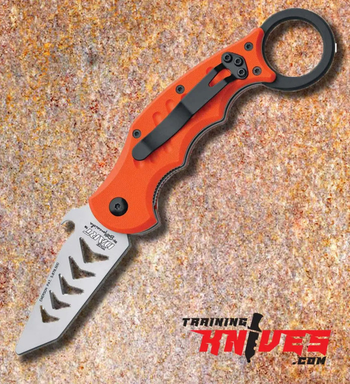 Fox Dart Satin 420C Orange G10 Karambit Trainer shown with satin finished trainer blade and orange G10 handle with finger ring