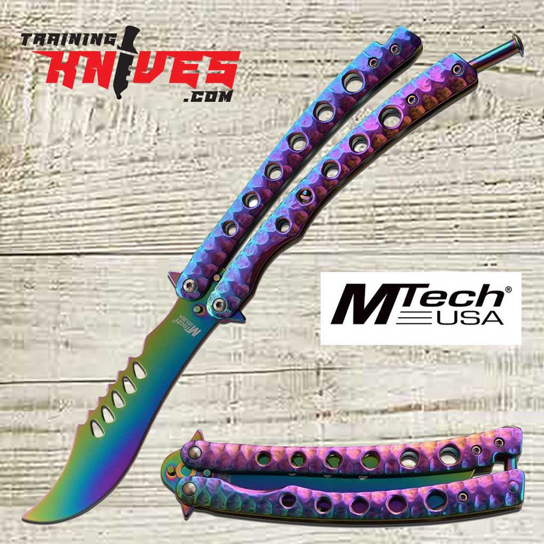 MTechUSA Butterfly Knife Trainer 4 Inch Rainbow Curved Blade Balisong Trainer MT-1168RB, Balisong, Butterfly, Training Knives, Knife, Aluminum, Rubber, Polypropylene, Class, Train