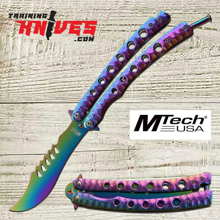 MTechUSA Rainbow Curved Tinite Blade Spring Loaded Balisong Trainer shown open with curved rainbow Tinite coated trainer blade and stainless steel handles with the closed trainer showing next to it.