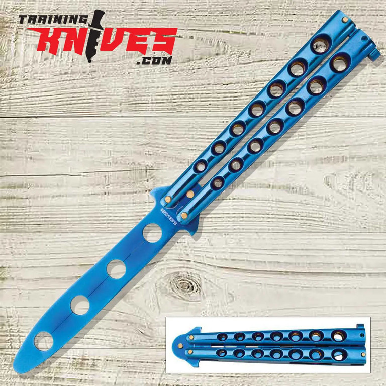 Black Legion Blue Titanium Balisong Butterfly Trainer shown open with blue titanium blade and handles visible