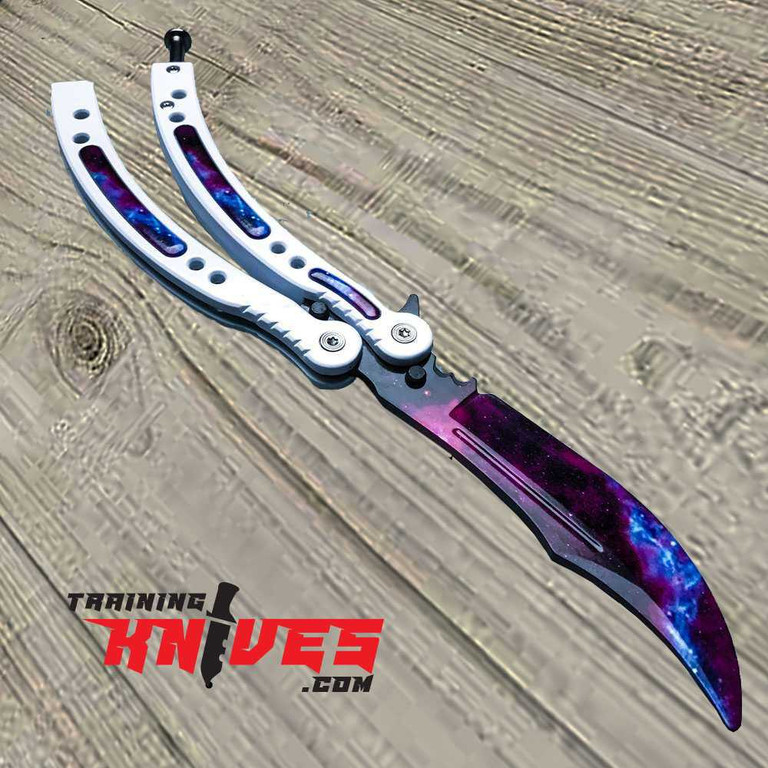 White Galaxy Cosmic Stainless Steel Butterfly Trainer WJBF8T, Balisong, Butterfly, Training Knives, Knife, Aluminum, Rubber, Polypropylene, Class, Train