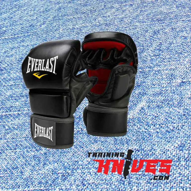 Everlast Striking Training Gloves black pair shown with full wrist wrap straps and padded striking surface