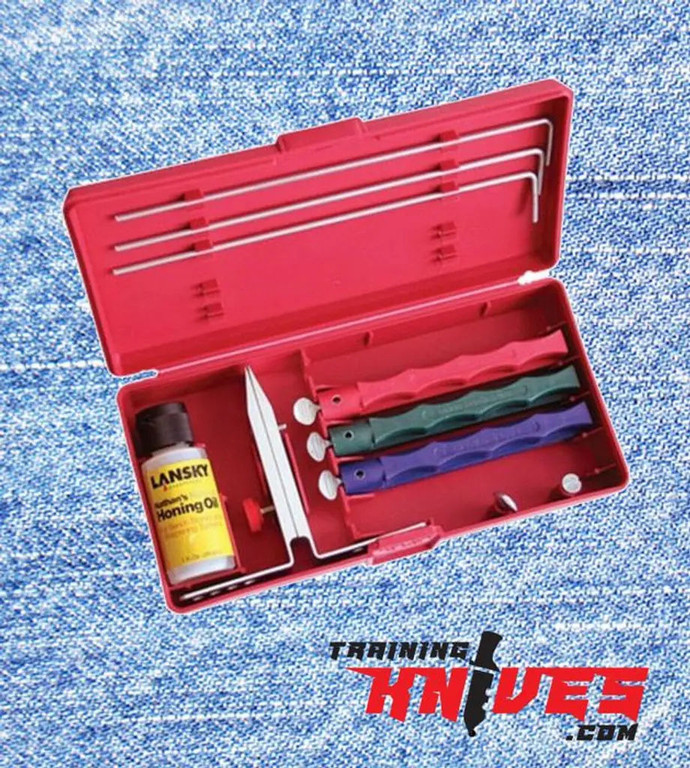 Lansky Standard Controlled-Angle Knife Sharpening System shown with knife clamp, guide rods, and sharpening stones included