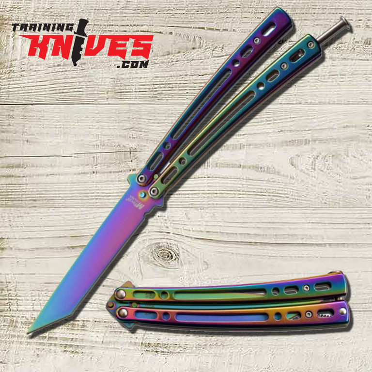 MTechUSA Rainbow Tinite Spring Loaded Tanto Balisong Butterfly Trainer MT-1167RB