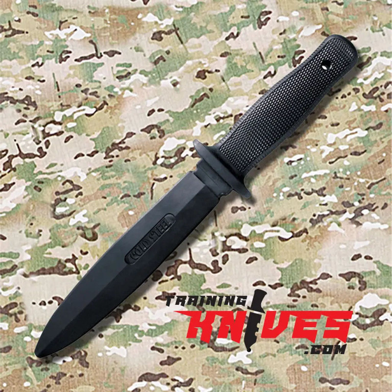 Cold Steel Santoprene Black Rubber Handle Military Trainer CS92R10D shown full length with black rubber trainer blade and integrated rubber handle visible