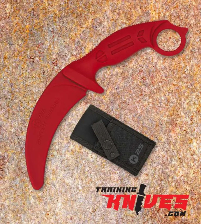 K25 Contact Red Rubber Karambit Trainer shown next to included sheath