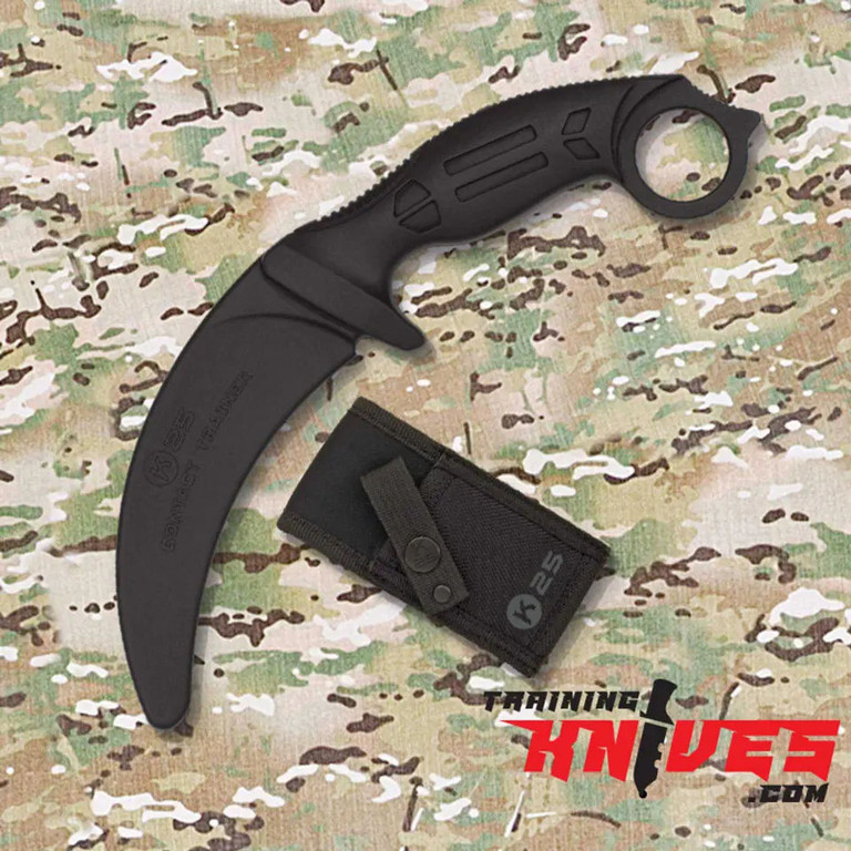 K25 Contact Black Rubber Karambit Trainer shown next to included sheath in same image