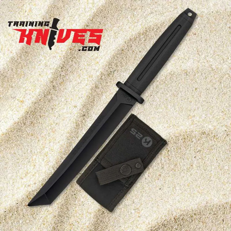 K25 Contact Black Rubber Tanto Trainer shown full length with nylon sheath beside trainer