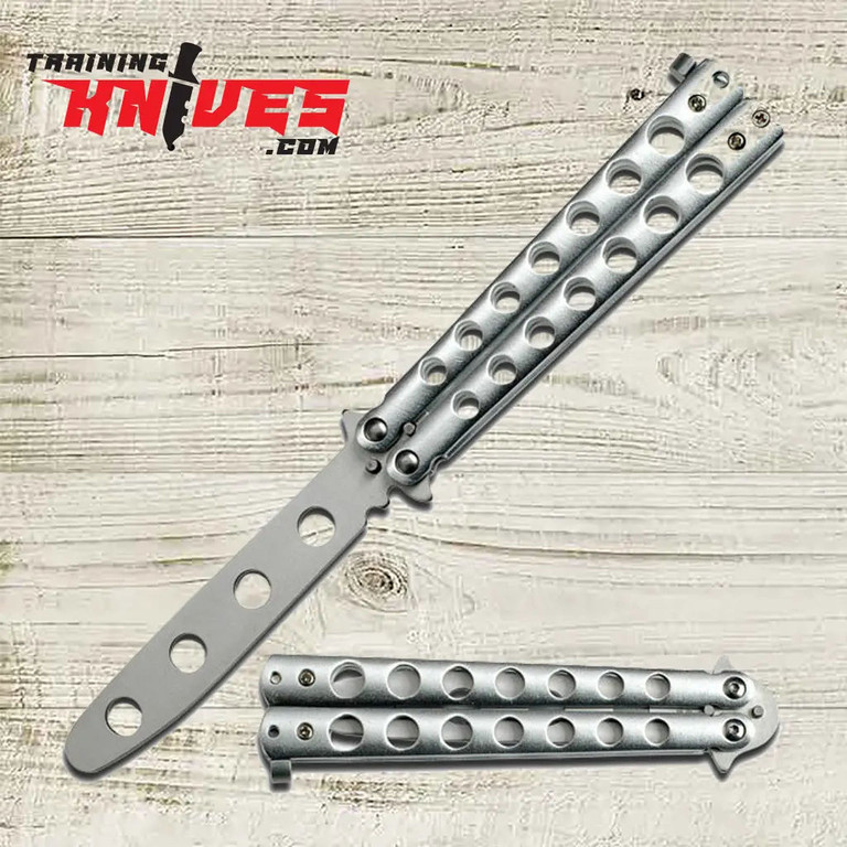 Martial arts silver aluminum butterfly trainer shown open with closed position displayed below