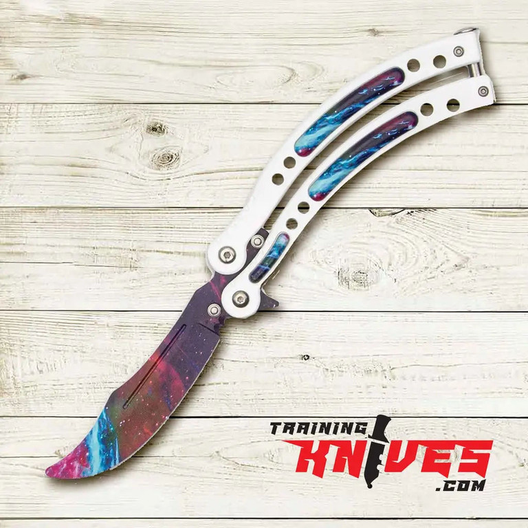 White Galaxy Stainless Steel Butterfly Balisong Trainer open showing blade and handles