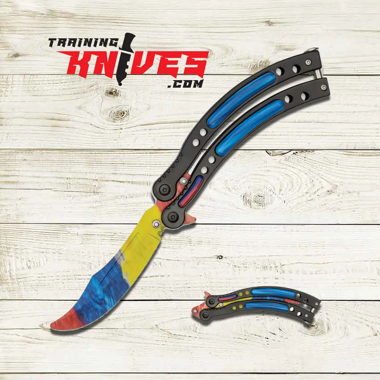 Rainbow Stainless Steel Butterfly Balisong Trainer open showing blade and handles