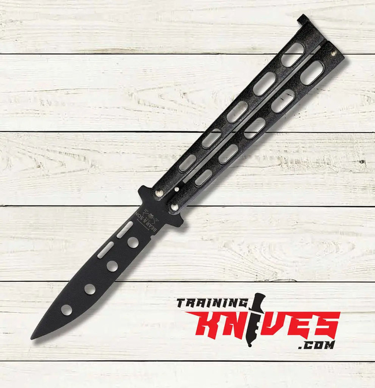 Bear & Son Black Blade Zinc Handle Galaxy Balisong Trainer full item shown open with closed position displayed below