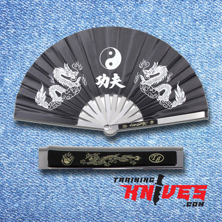 Kung Fu Metal Frame Black Fighting Fan - Yin Yang Dragons 2510-CBK