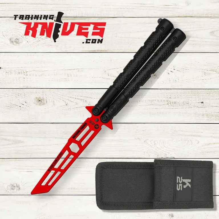 K25 Red 420 Tanto Balisong Butterfly Trainer shown open with included sheath displayed below