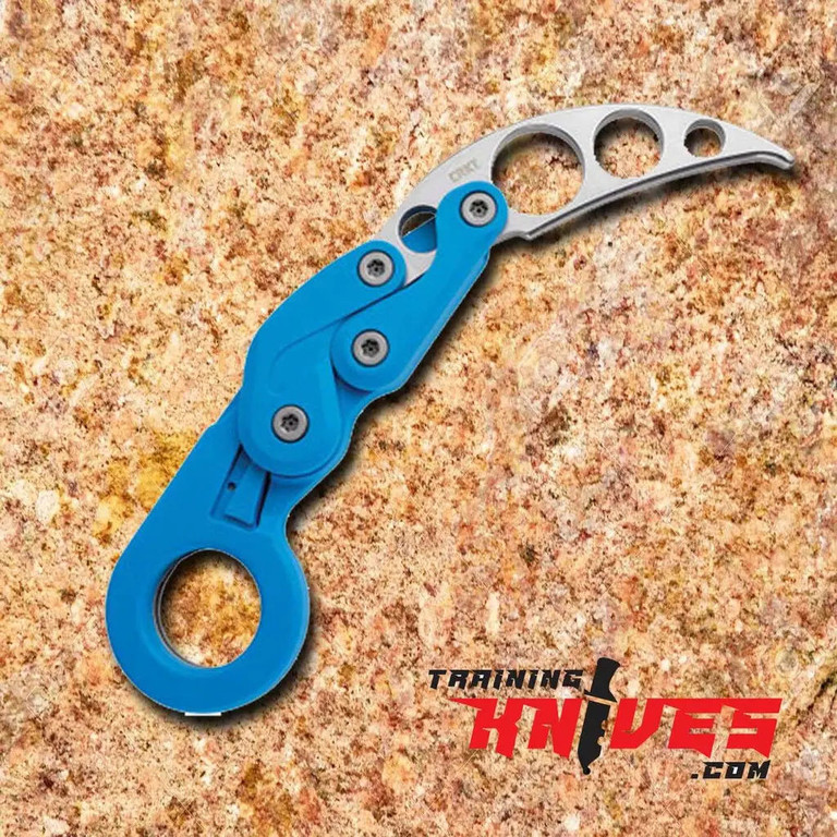 CRKT Provoke Kinematic Stonewashed Blue Grivory Handle Karambit Trainer shown open