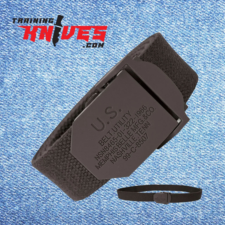 Black Tactical Army Training Belt facing the buckle with a smaller belt underneath showing the buckle and backside