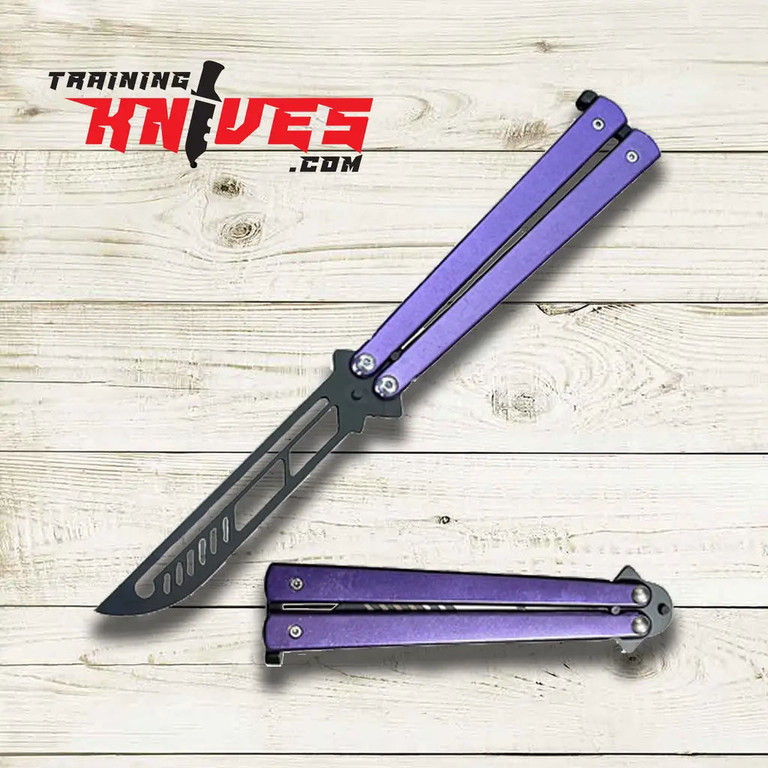Purple stainless steel butterfly trainer shown open with the folded (closed) position displayed below