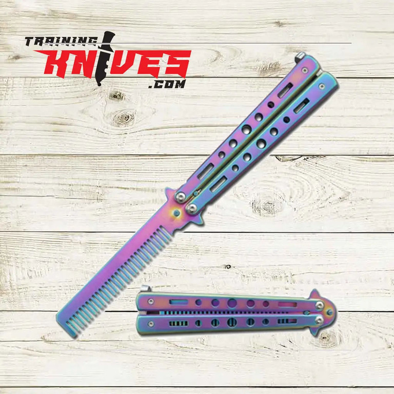 Titanium rainbow metal butterfly balisong trainer shown open with the closed (folded) position displayed below