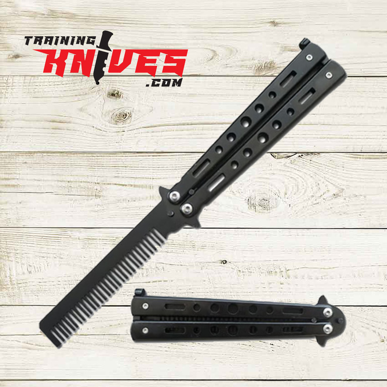 Practice Black Metal Butterfly Balisong Trainer Knife Blade Comb Brush 6E2-197BK-C