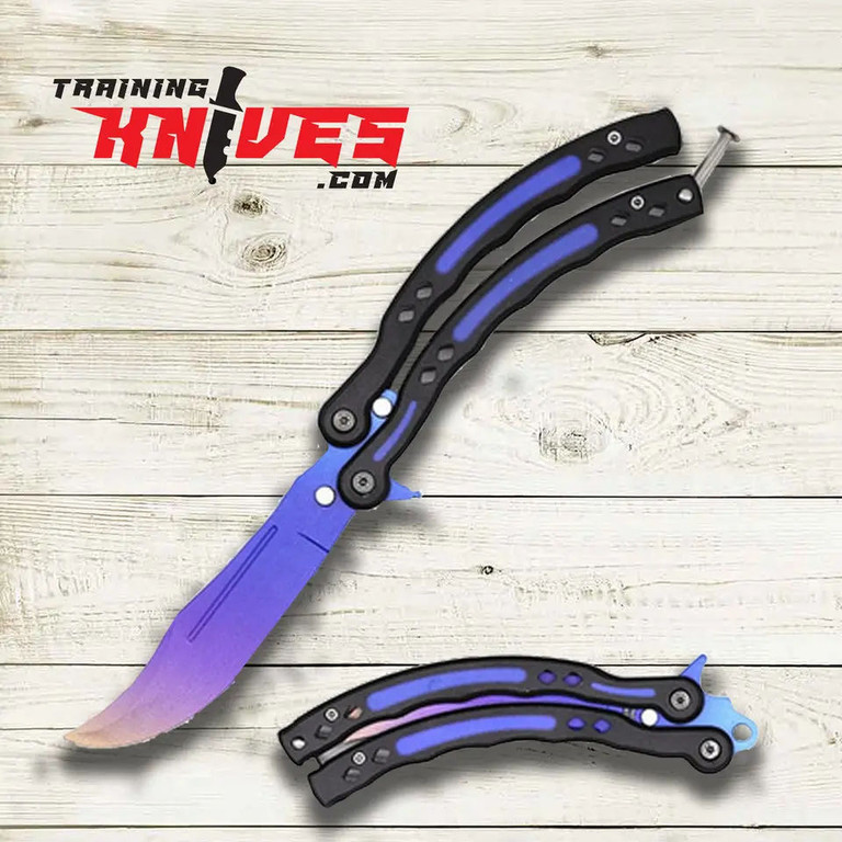 Blue fade balisong butterfly training knife shown open with folded closed position below