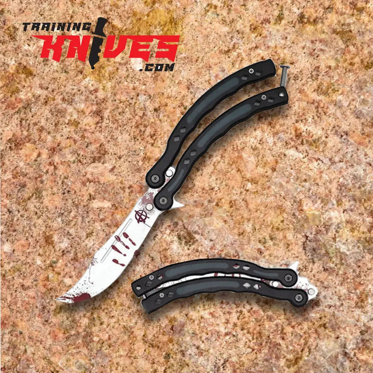 Blood Splash Practice Knife Balisong Butterfly Tactical Combat Trainer open full trainer displayed on top of the folded trainer