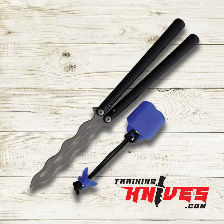 Flytanium Talisong Z Balisong Butterfly Trainer (FLY0875) with blue Bali-Boot attachment, full trainer view