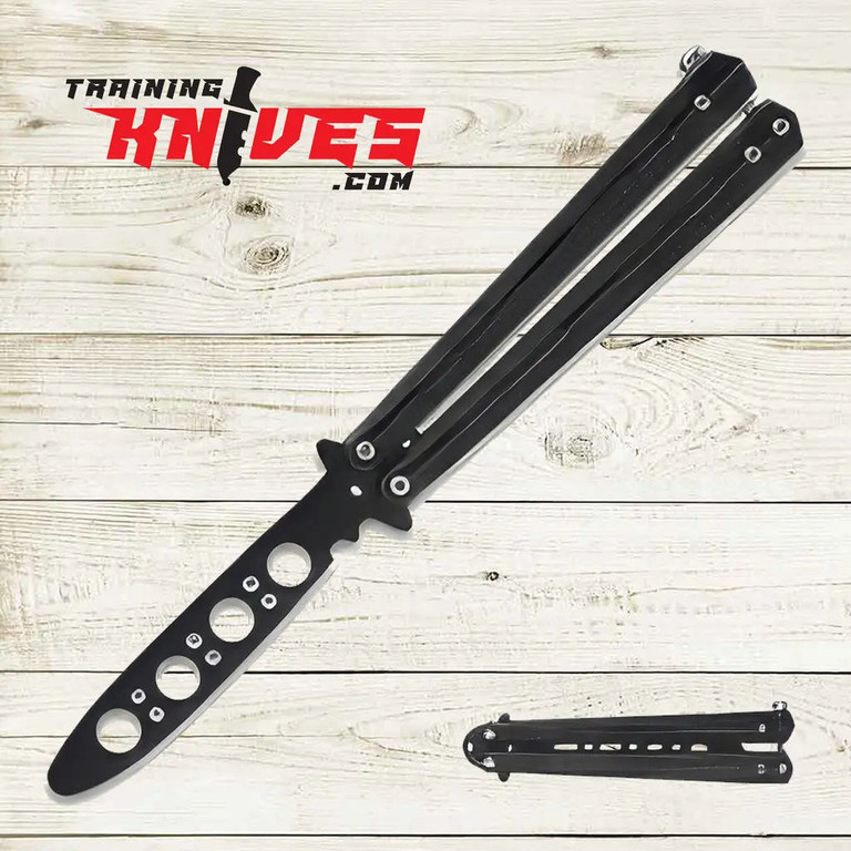 Open and closed K Exclusive Black Balisong Butterfly Trainer (BK6138) showing full trainer design