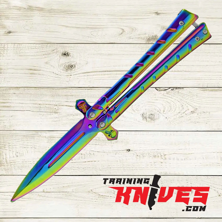 Rainbow Titanium Unsharpened Practice Butterfly Balisong Trainer fully open with 440 stainless steel spear point blade, showing smooth flipping action
