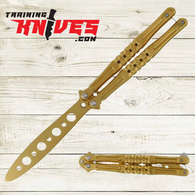 Hero – Snake Eye Tactical Gold Balisong 3Cr13 Butterfly Training Knife (PK-1335GDGD) open trainer with the closed trainer visible in the bottom corner, showcasing the gold-finished unsharpened 3Cr13 blade and stainless steel handles with latch visible