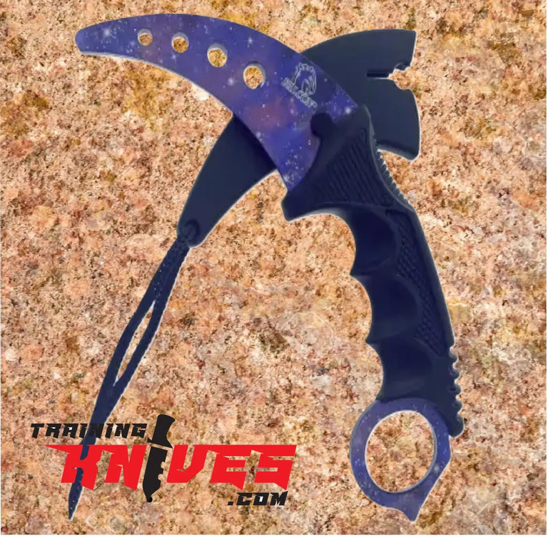 Hero – Falcon Dark Galaxy Honshu Combat Karambit Trainer with sheath displayed on top of the knife and fully sheathed version beside it, showing blunt-edge blade and dark galaxy-pattern handle, SKU KC1307PP