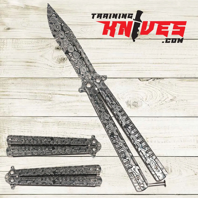 Hero – Damascus 440 Steel Balisong Butterfly Folding Trainer shown fully open and also closed on both sides, highlighting the Damascus-style blade finish and patterned stainless steel handles