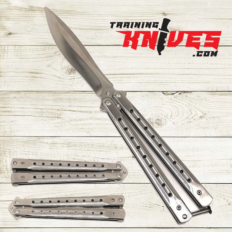 Hero – Chrome Silver 440 Steel Balisong Butterfly Trainer shown fully open with unsharpened stainless steel blade, alongside closed views from both sides displaying polished chrome stainless steel skeletonized handles