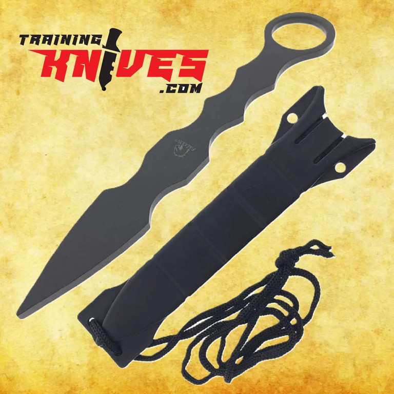 Hero – Falcon Titanium Throwing Dagger Practice Trainer shown with sheath placed beside it, featuring titanium-style gray finish and double-edged unsharpened blade