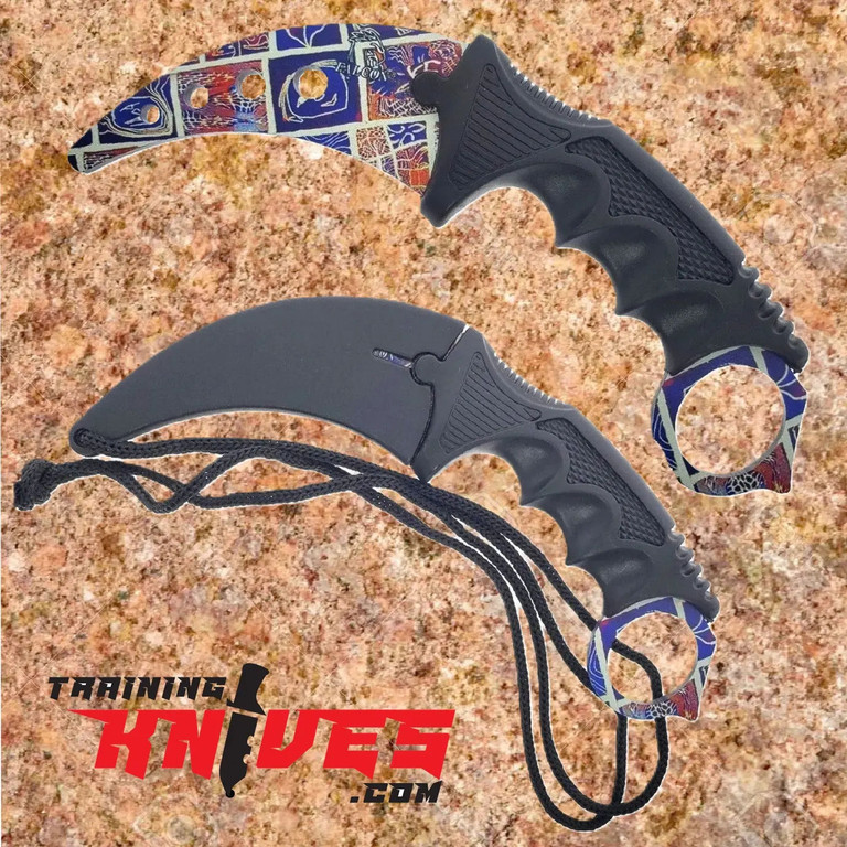 Hero – Falcon Wall Art Honshu Combat Karambit Trainer shown with sheath on and without sheath side by side, featuring curved unsharpened blade, ergonomic handle, and finger ring