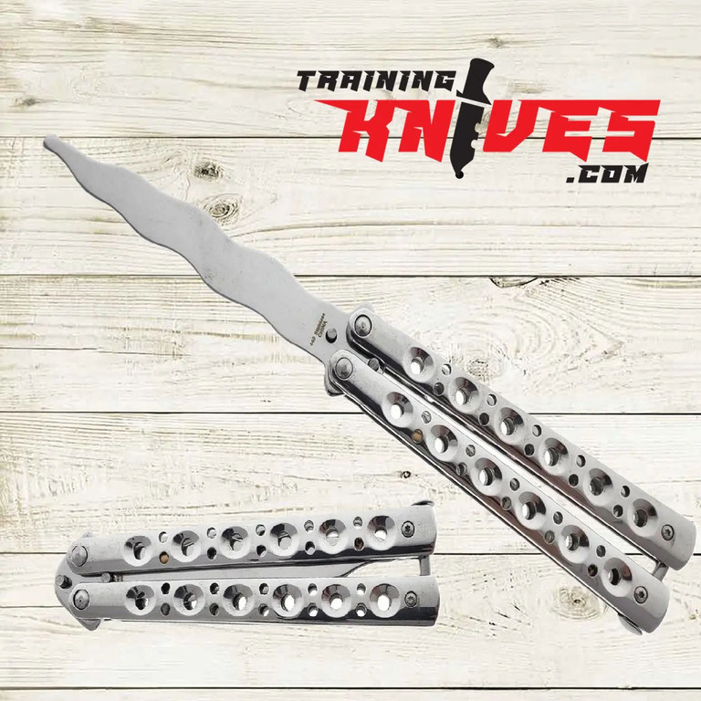 Hero – Chrome 440 Steel Kriss Spear Point Balisong Butterfly Trainer shown open with unsharpened blade and closed side by side, chrome stainless steel skeletonized handles visible