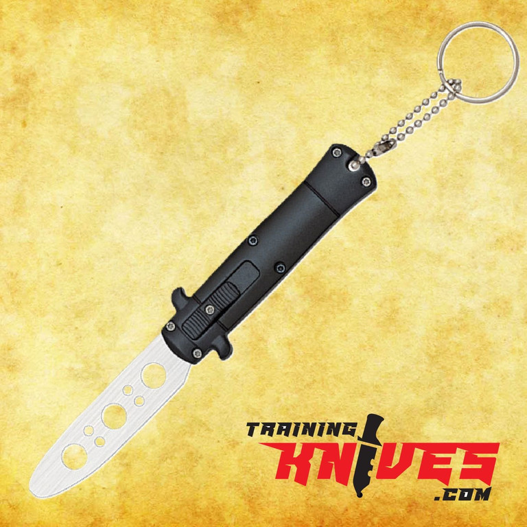 Hero – Albainox Steel Black Acrylic Automatic Key Ring Pocket Knife Dagger fully open, showing stainless steel dagger-style blade and polished black acrylic handle with key ring attachment