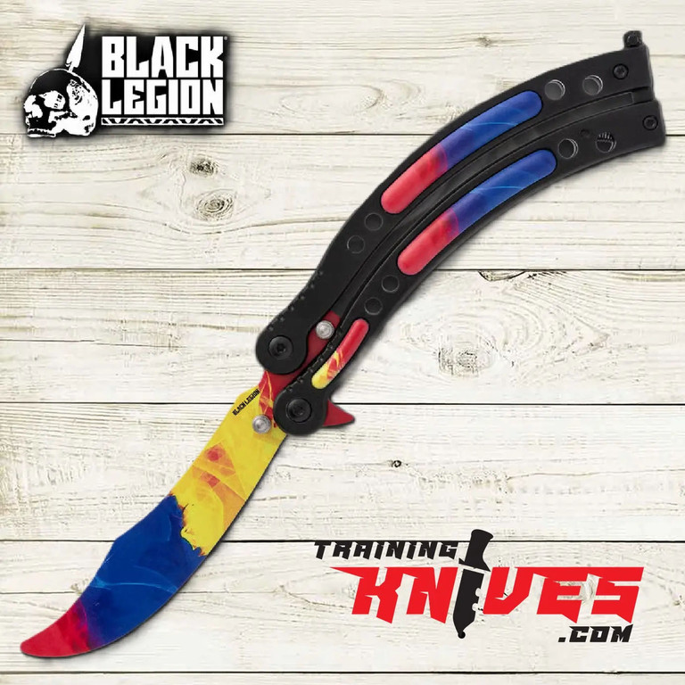 Marble finish butterfly balisong trainer shown fully open with scimitar style trainer blade
