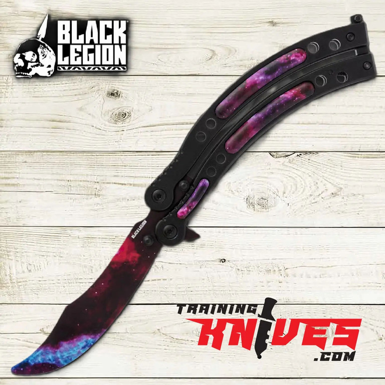 Galaxy pattern butterfly balisong trainer shown fully open with scimitar style trainer blade