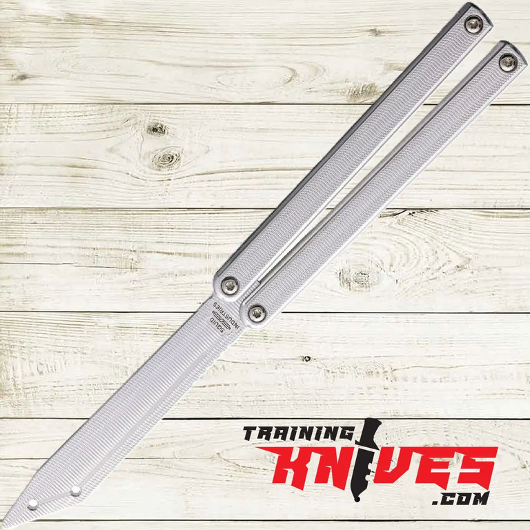 Squid Industries Squiddy Alt 6061 Silver Tanto Balisong Butterfly Trainer shown open with silver tanto trainer blade and aluminum handles