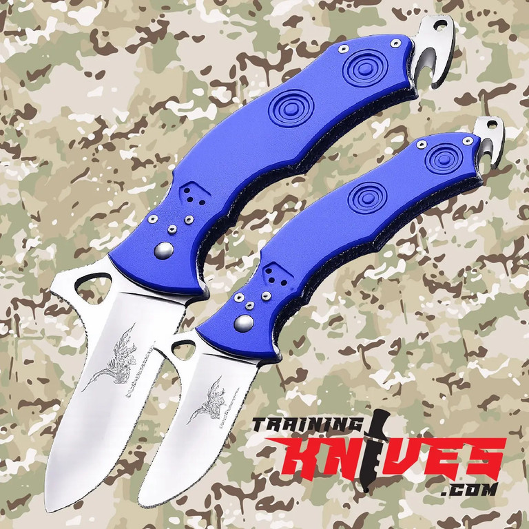 CSSD SC CRMIPT Satin 8Cr13MoV Blue G10 Military Training Knife shown with two open knives displayed side by side