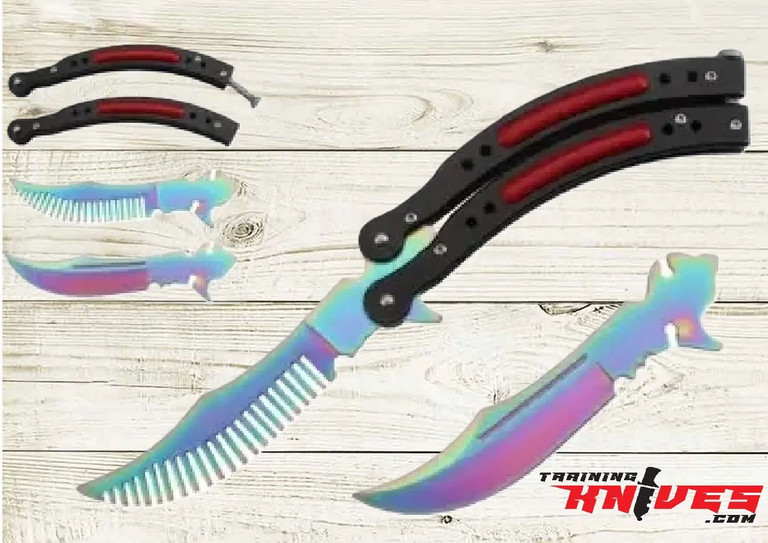 Snake Eye Tactical Rainbow 3Cr13MoV Aluminum Black Red Butterfly Comb Trainer shown with the open comb trainer, handle scales, interchangeable rainbow blunt trainer blade, and rainbow comb displayed together