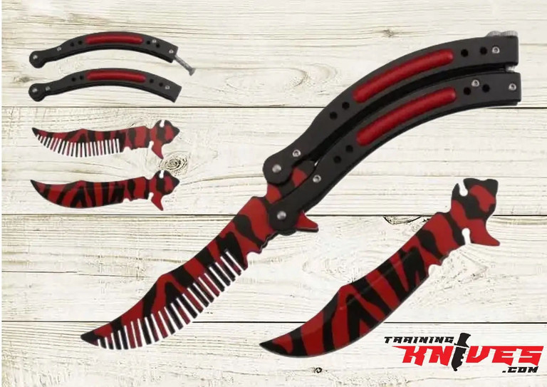 Snake Eye Tactical Red Black 3Cr13MoV Aluminum Butterfly Comb Trainer shown with the open comb trainer, handle scales, interchangeable embossed trainer blade, and comb displayed together