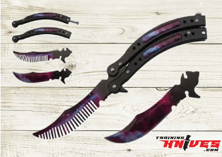 Snake Eye Tactical Galaxy 3Cr13MoV Black Galaxy Aluminum Butterfly Comb Trainer shown open with comb attachment installed and separate handles, comb blade, and blunt trainer blade displayed in the same image
