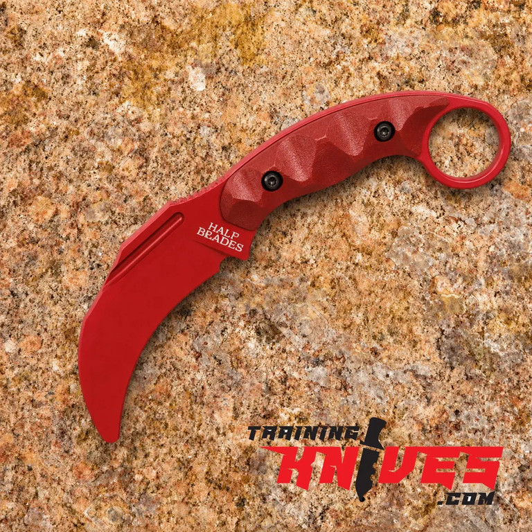 Halfbreed Blades Close Quarters Red Aluminum Red G10 Fixed Training Karambit shown fully assembled with unsharpened rounded-tip blade and red handle
