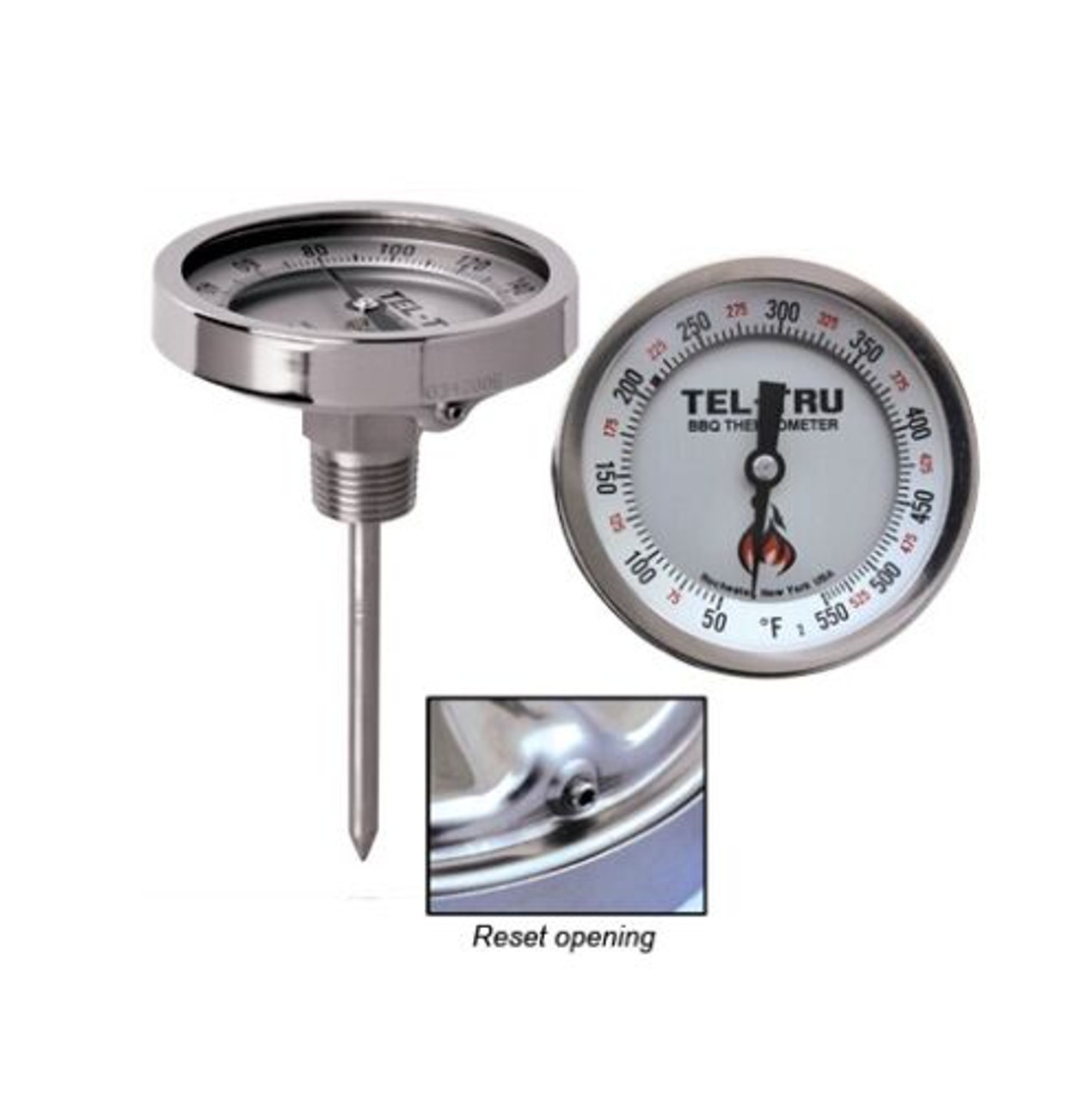 Tel-Tru BQ300R CALIBRATABLE BBQ Grill & Smoker Thermometer 3 Dial 6 Stem