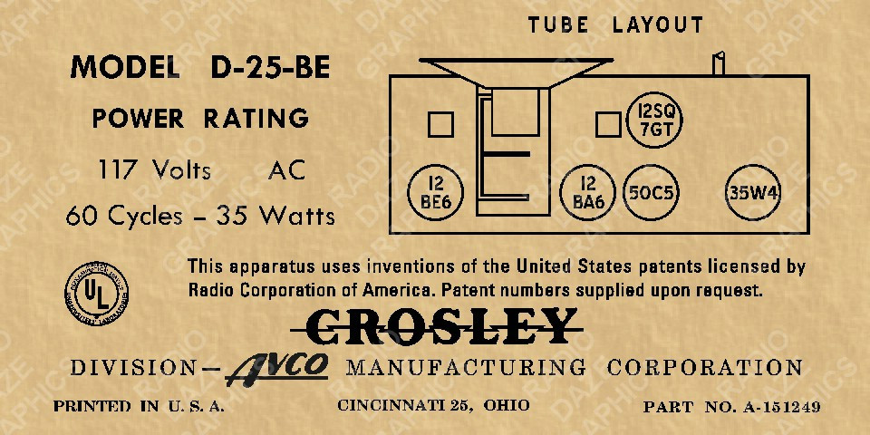 Crosley D-25BE Label (Item: LBL-CR-D25BE)