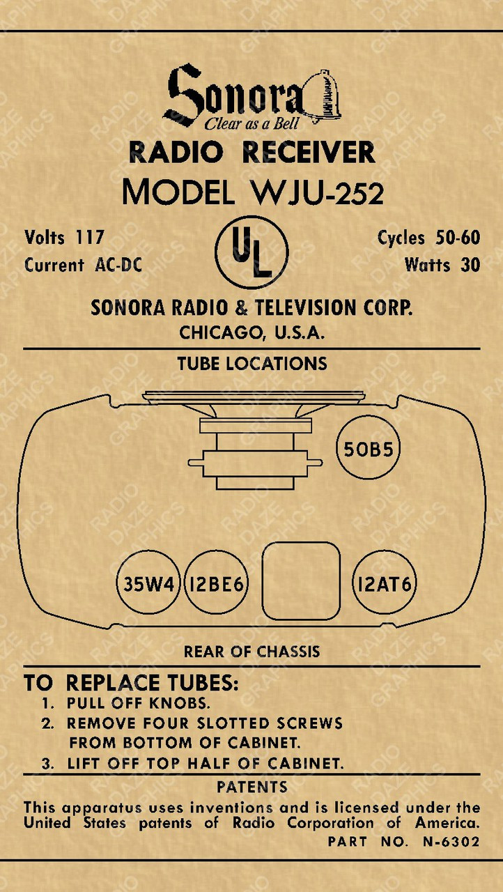 Sonora WJU-252 Bottom Label (Item: LBL-SN-WJU-252)
