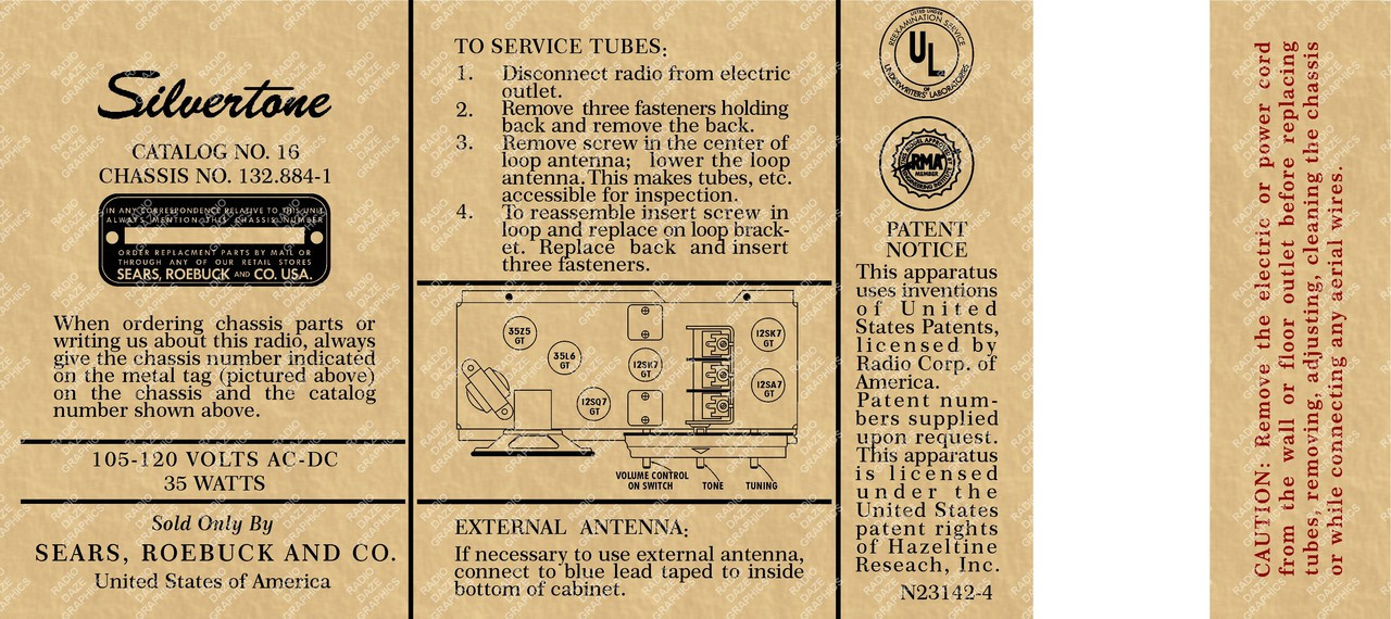 Silvertone Model 16 Label Set (Item: LBL-SL-16)
